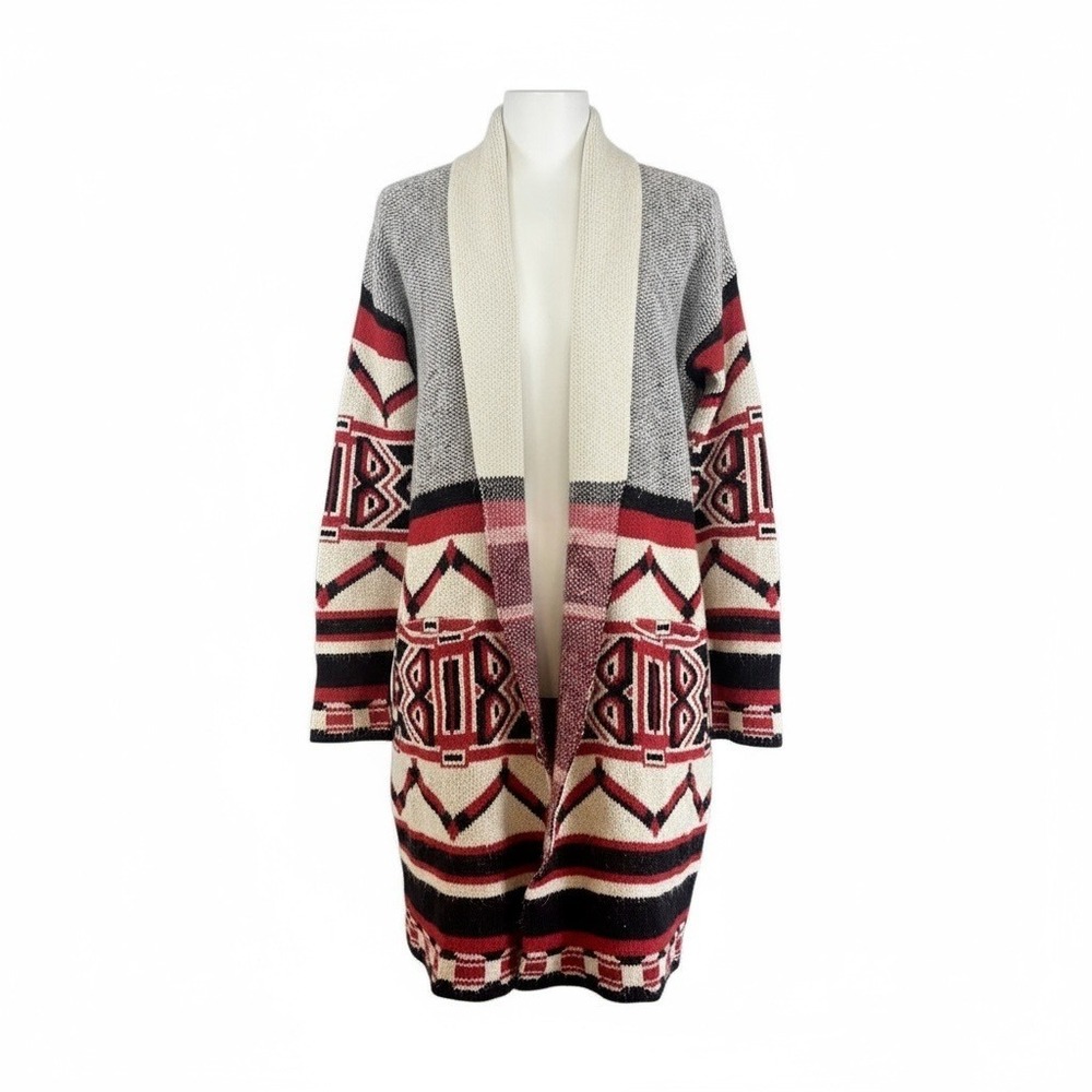 BCBGMAXAZRIA Geometric Aztec Print Open Front Cardigan Blanket Western Tribal L